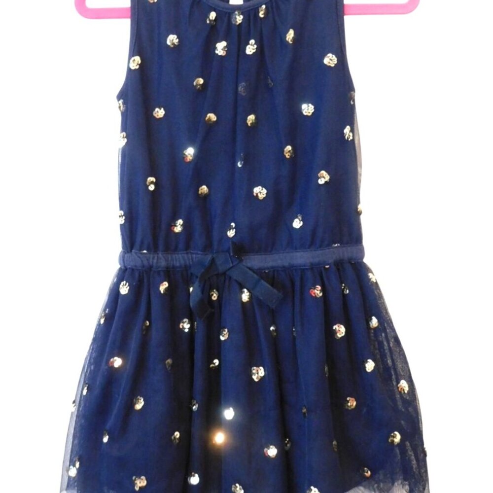 Mini Boden Girls Size 3 / 4 Dark Blue and Gold Sequin Dress Tulle Overlay Lined